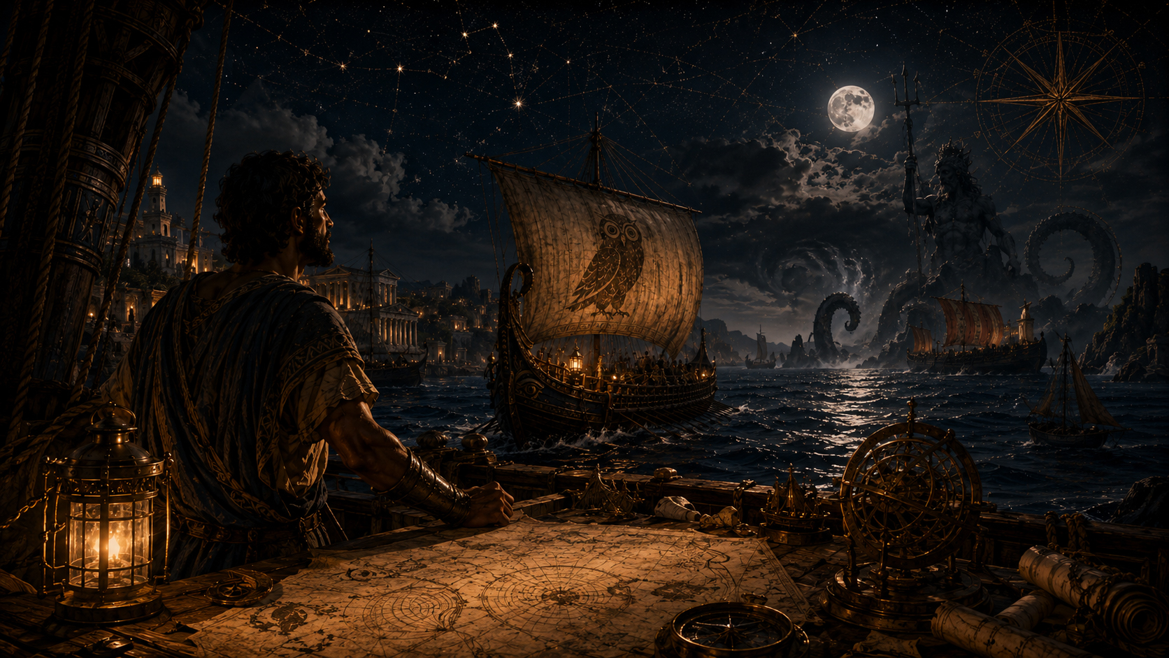 AncientSailor about page scene with old maps, lanterns, harbor, and sea story atmosphere