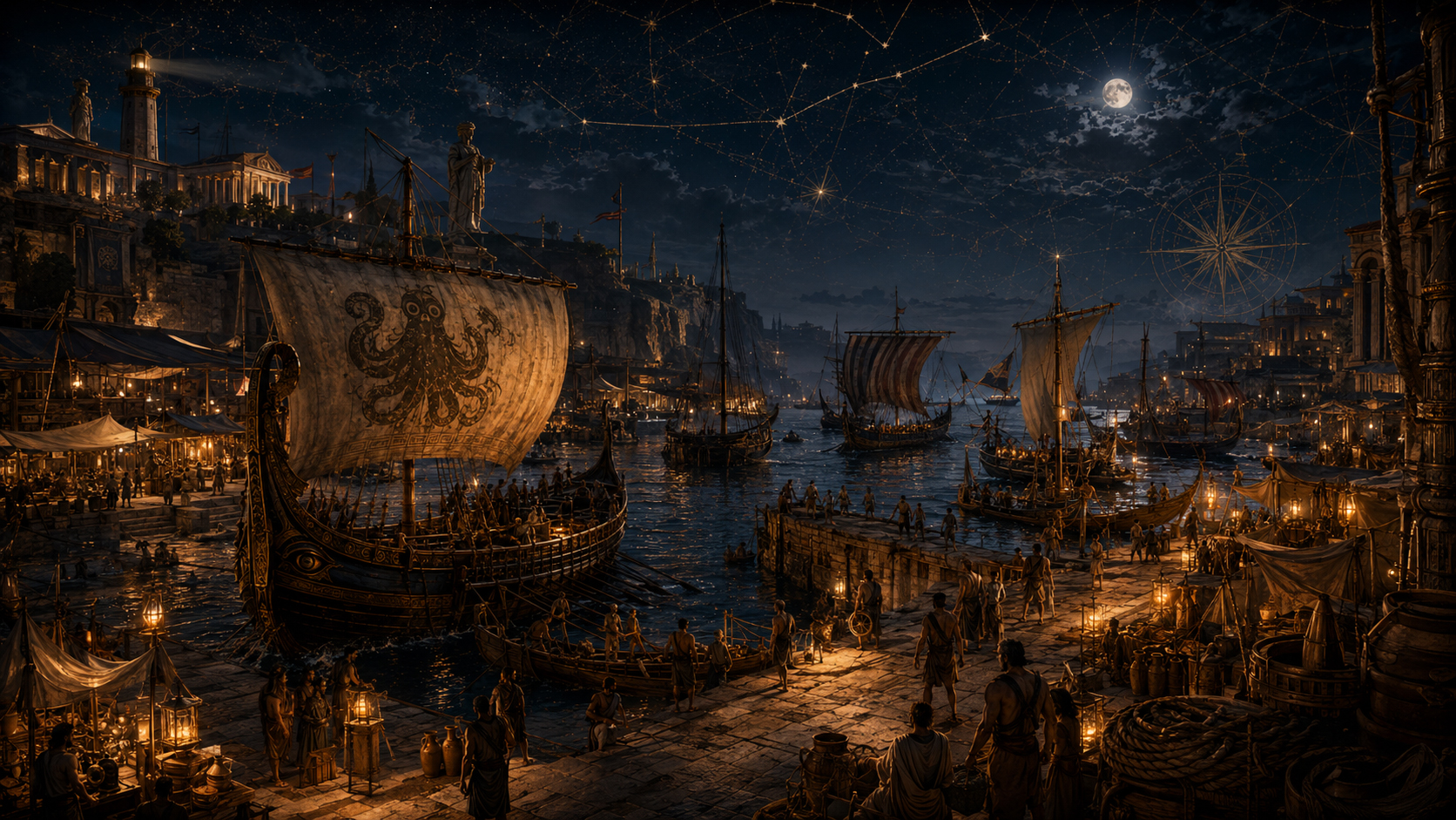 Ancient harbor at night with lanterns, markets, ships, and a lighthouse
