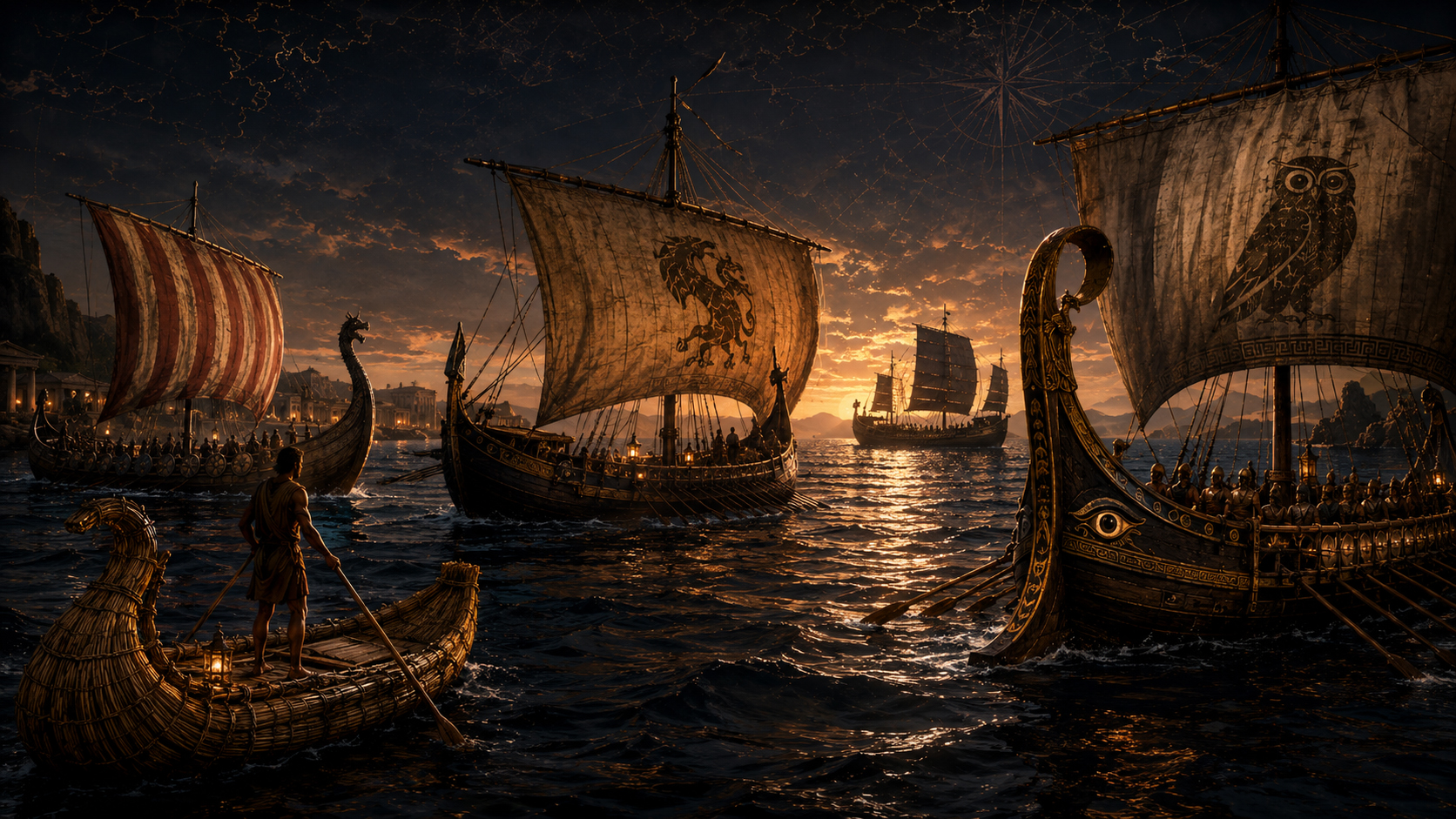 Ancient ships crossing a dark sea at sunset