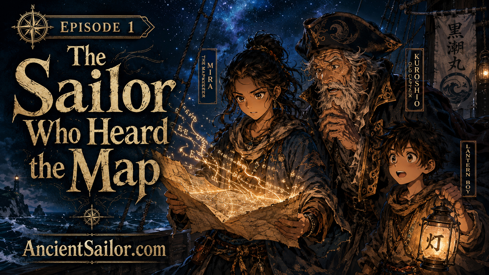 Mira the Mapkeeper holding a glowing ancient map with Captain Kuroshio and Lantern Boy
