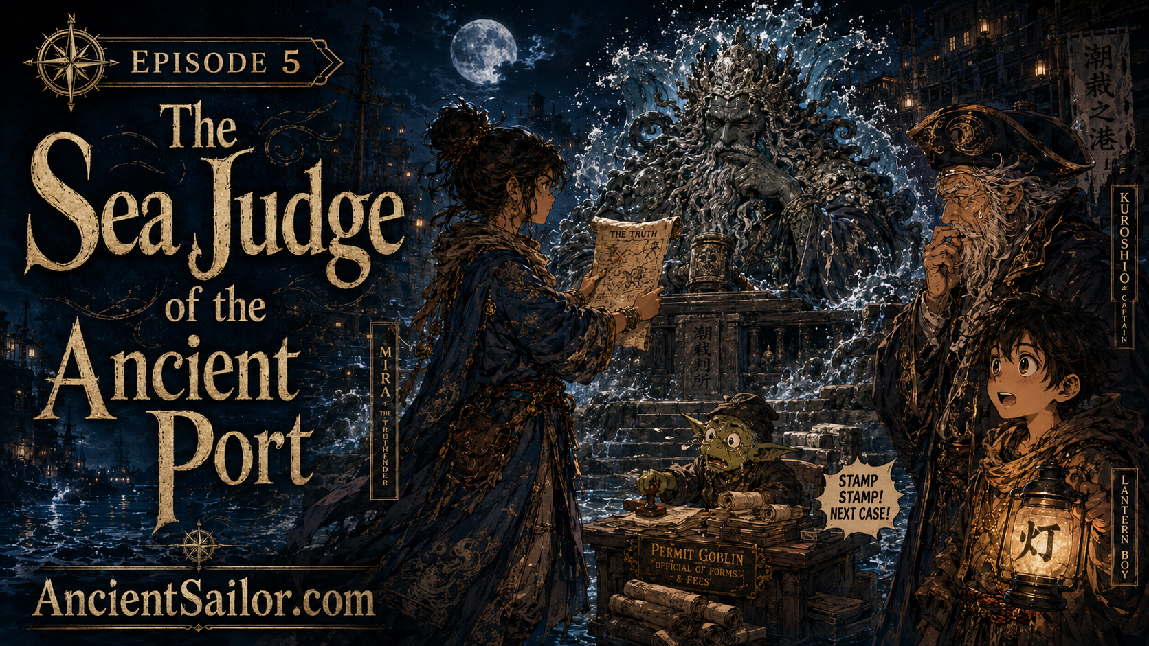 Sea Judge rising from water court as Mira testifies and the Permit Goblin stamps forms