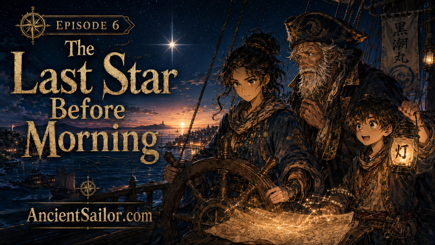 Mira steering by the last star before dawn with Captain Kuroshio and Lantern Boy