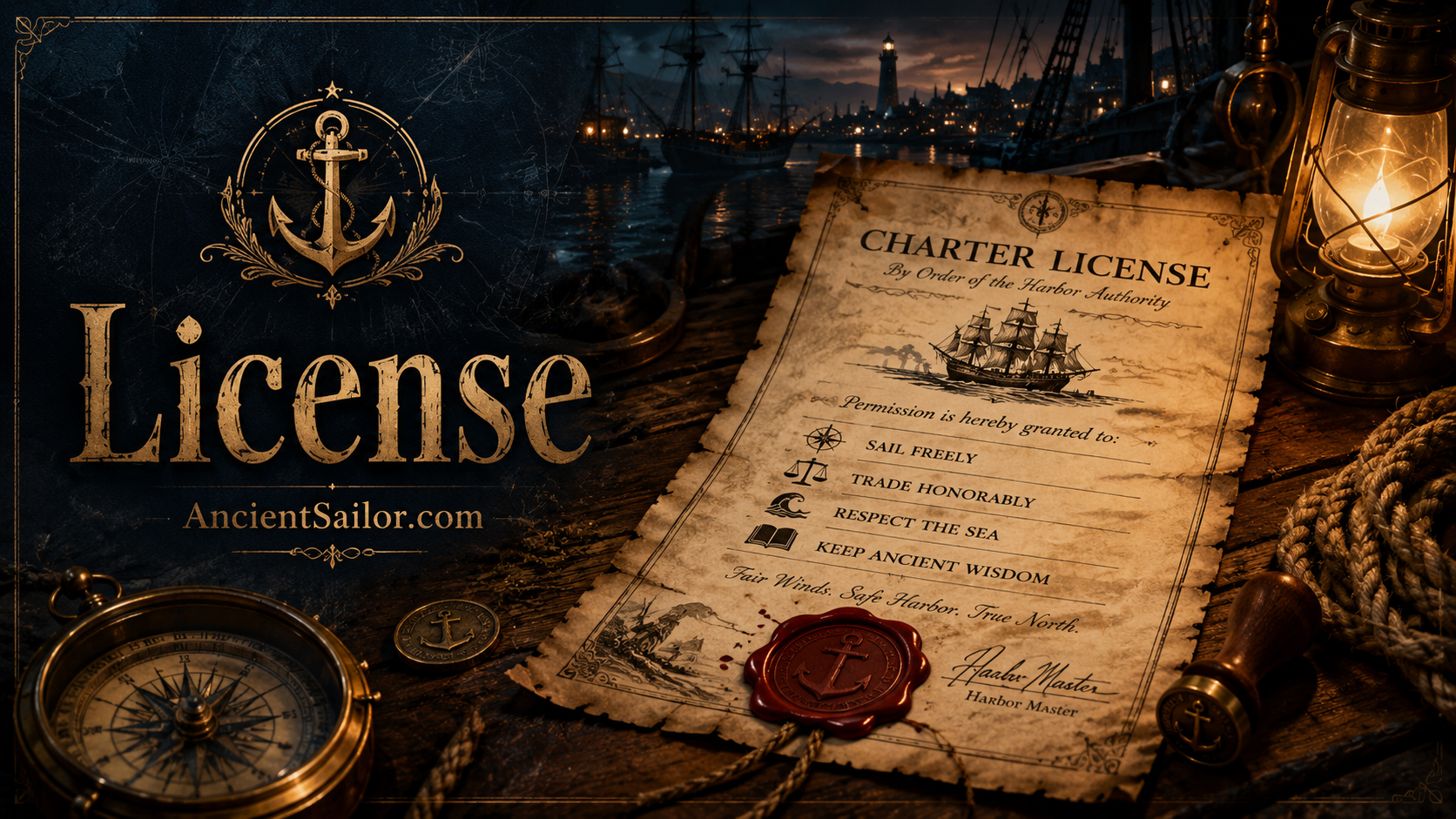 AncientSailor license charter with nautical legal papers, seal, and compass