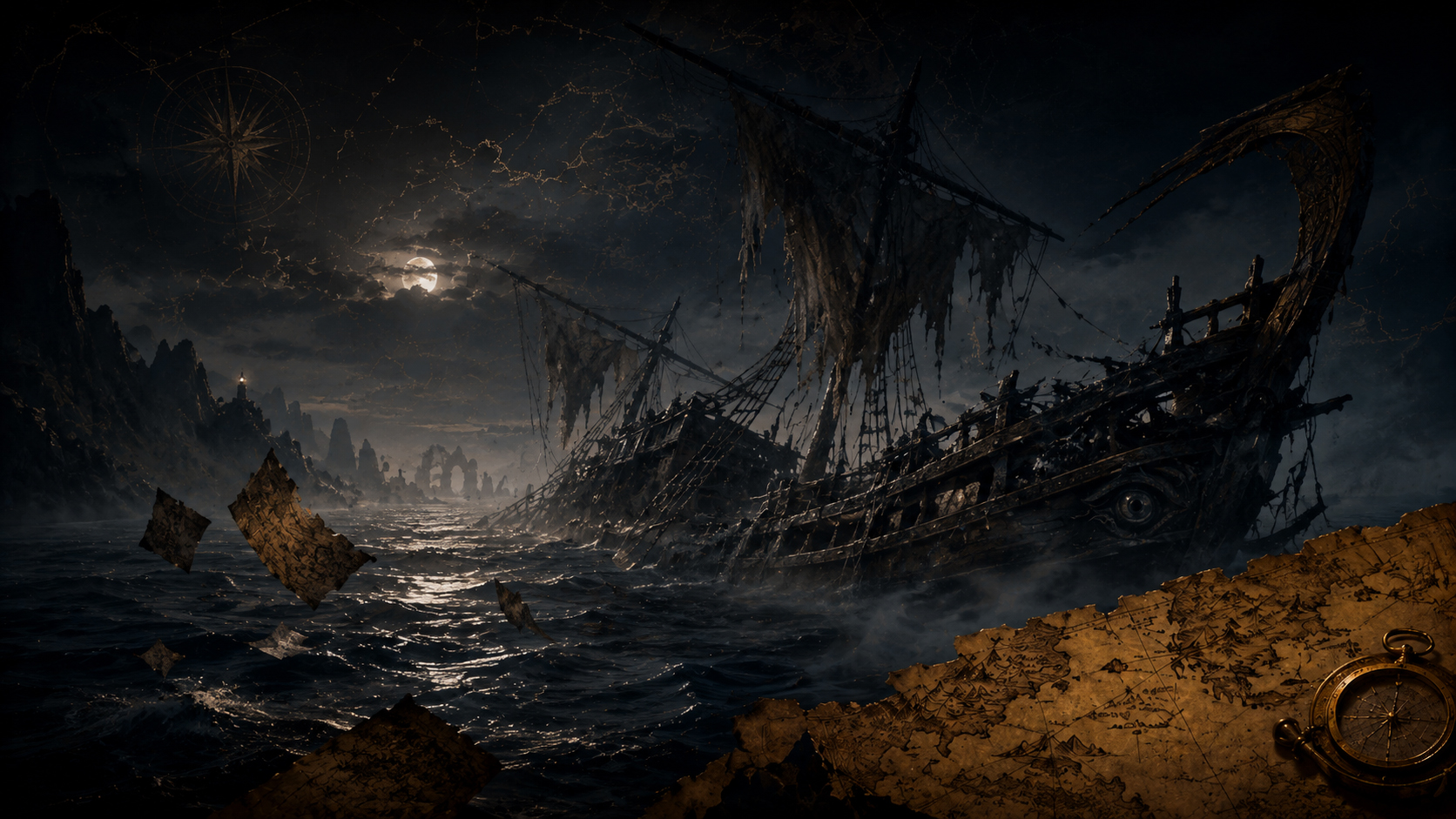Haunted shipwreck and torn maps on a foggy moonlit sea