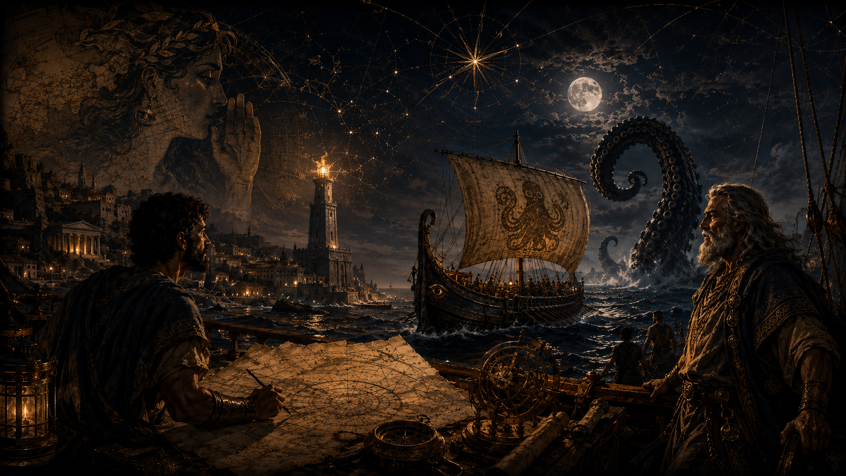 Manga-style ancient sailor crew with map, lantern, ship, moon, and sea monsters