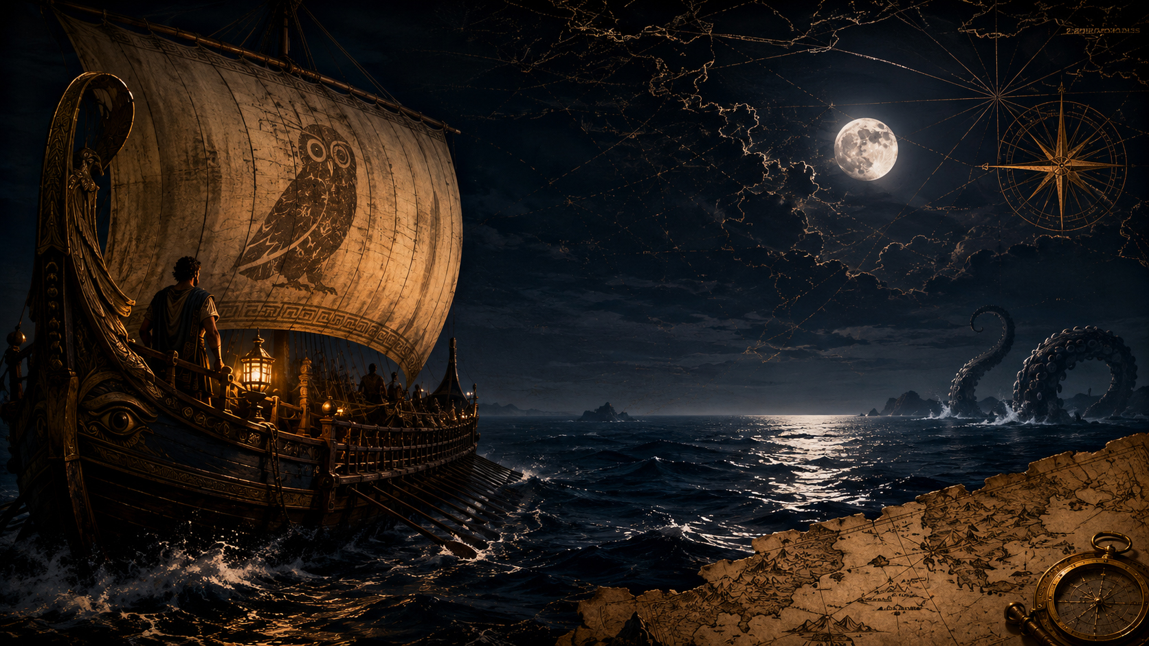 Ancient sailing ship under moonlight with old maps, compass, and sea monsters in the distance