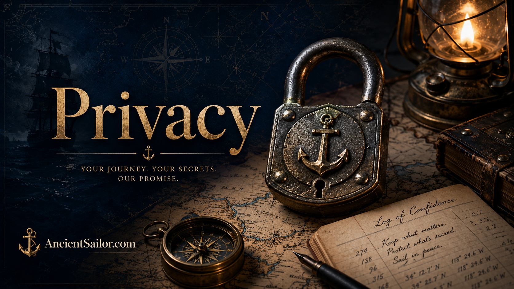 AncientSailor privacy scene with locked chest, scrolls, maps, and harbor records