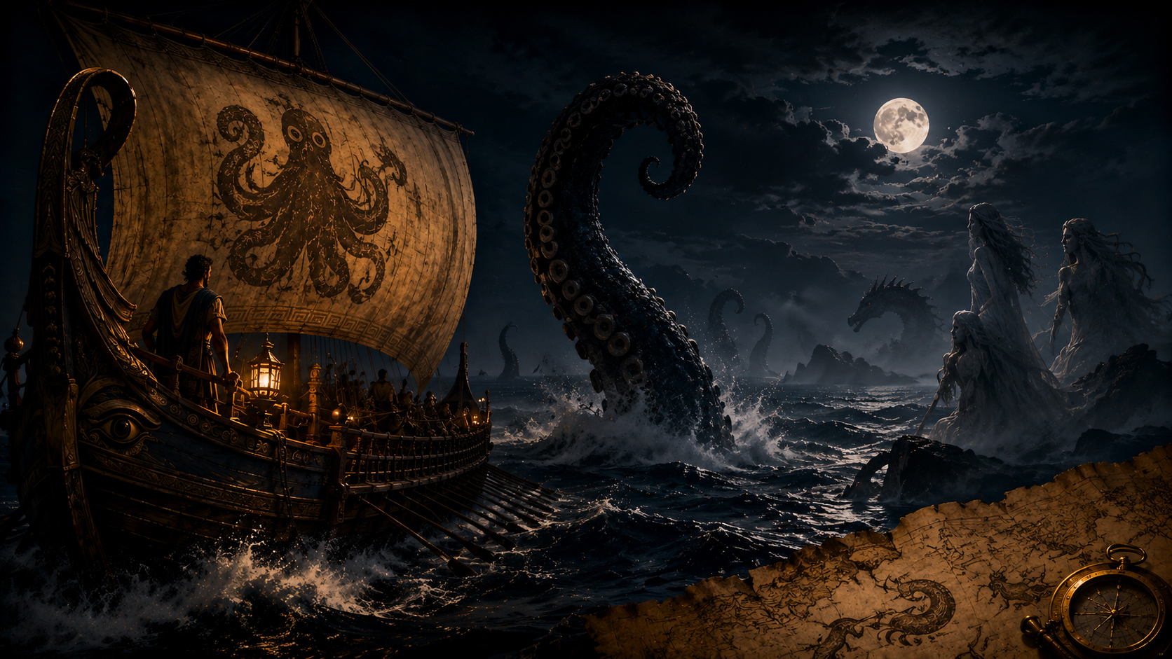 Kraken and mythic sea creatures near an ancient ship under moonlight