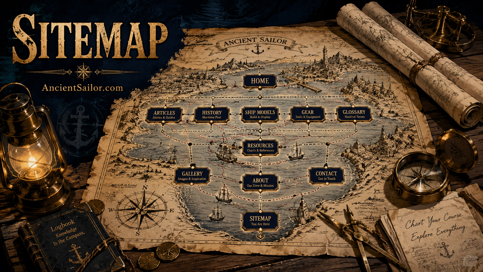 AncientSailor sitemap scene with antique nautical chart, compass, lantern, and page routes marked like sea lanes
