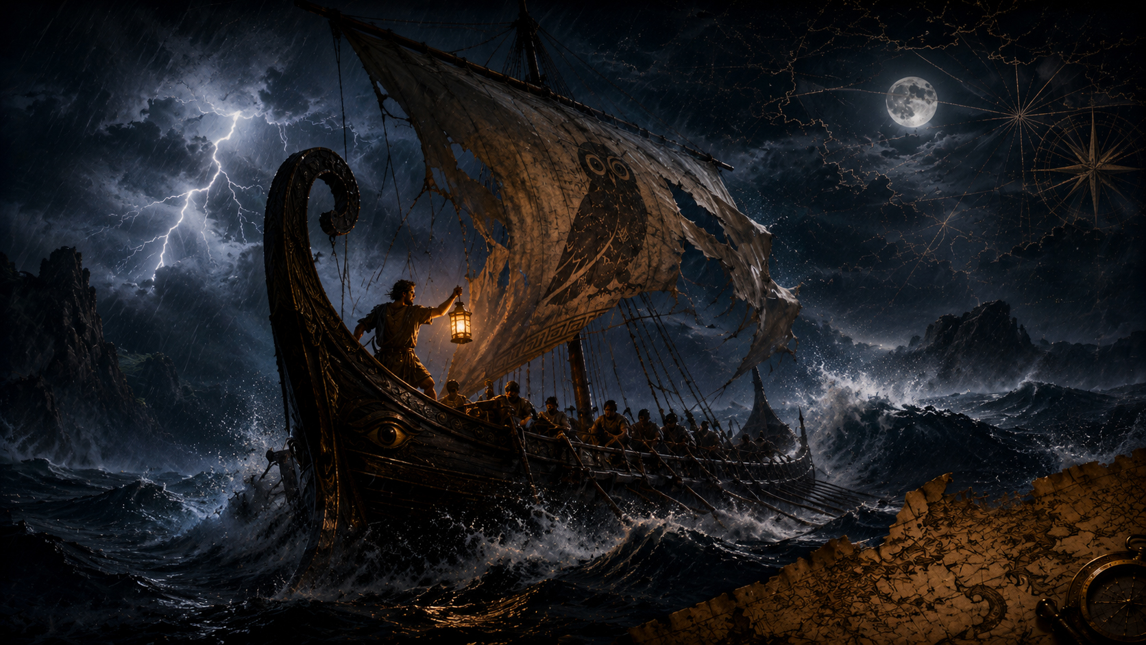 Ancient sailing ship battling lightning and rough seas